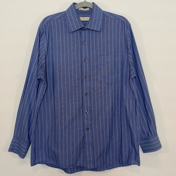 Michael Kors Blue White Stripe Button Down 16 34/35 L Long Sleeve Mens Dress - Picture 1 of 9